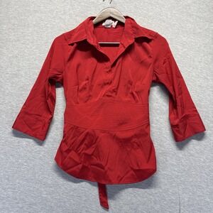 MKM Designs Blouse Top Womens Small Red Stretch Collared Adjustable Tie Waist